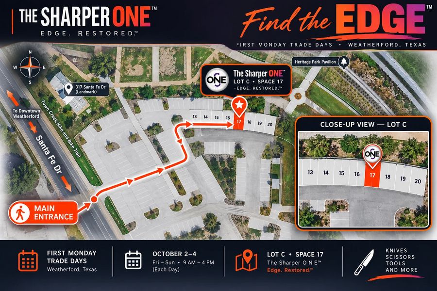Aerial map of Heritage Park. From the main entrance on Santa Fe Dr, a path crosses the parking lot to the row of numbered spaces 13 through 20 along the back. The Sharper ONE is at Space 17 in Lot C.